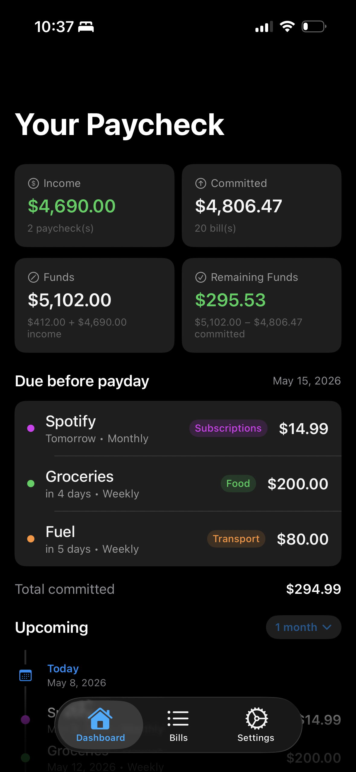 BillBash app showing the dashboard with paycheck income, committed bills, and safe-to-spend amount.